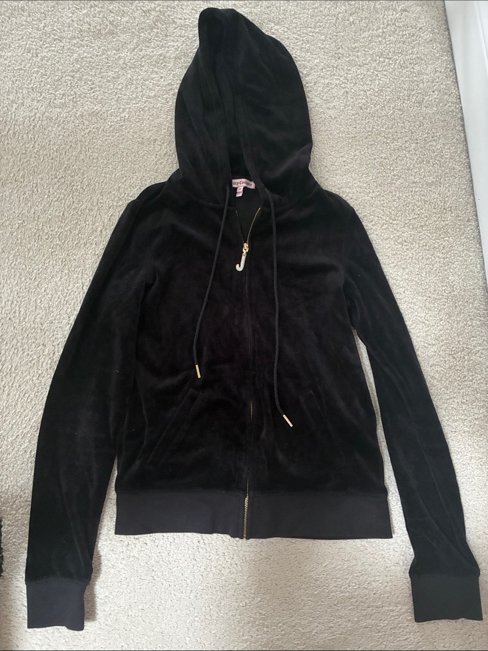Juicy Couture Black Velour Zip Hoodie with Gold Accents